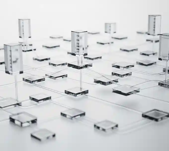  An abstract 3D network of interconnected nodes and lines, rendered in a transparent glass material against a clean, minimalist background to symbolize clarity and transparency.