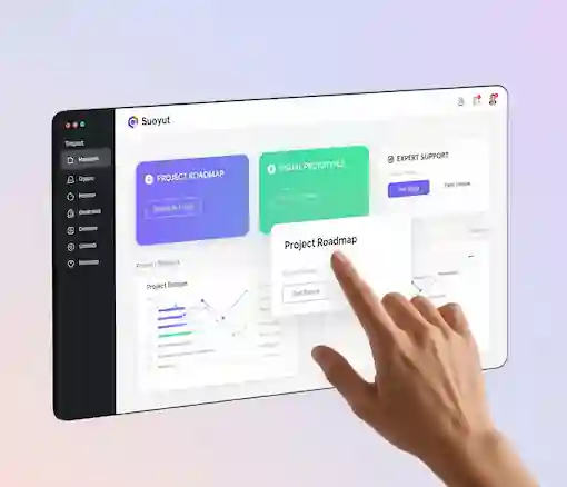 A person's hand interacts with a modern, user-friendly digital dashboard on a screen. The dashboard has clearly labeled modules for 'Project Roadmap,' 'Visual Prototypes,' and 'Expert Support.'