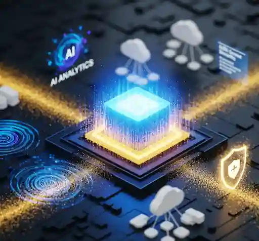 An abstract image of a glowing, powerful digital engine at the center, with multiple streams of data representing analytics, cloud, and security flowing into it, symbolizing an efficient and robust technology solution.