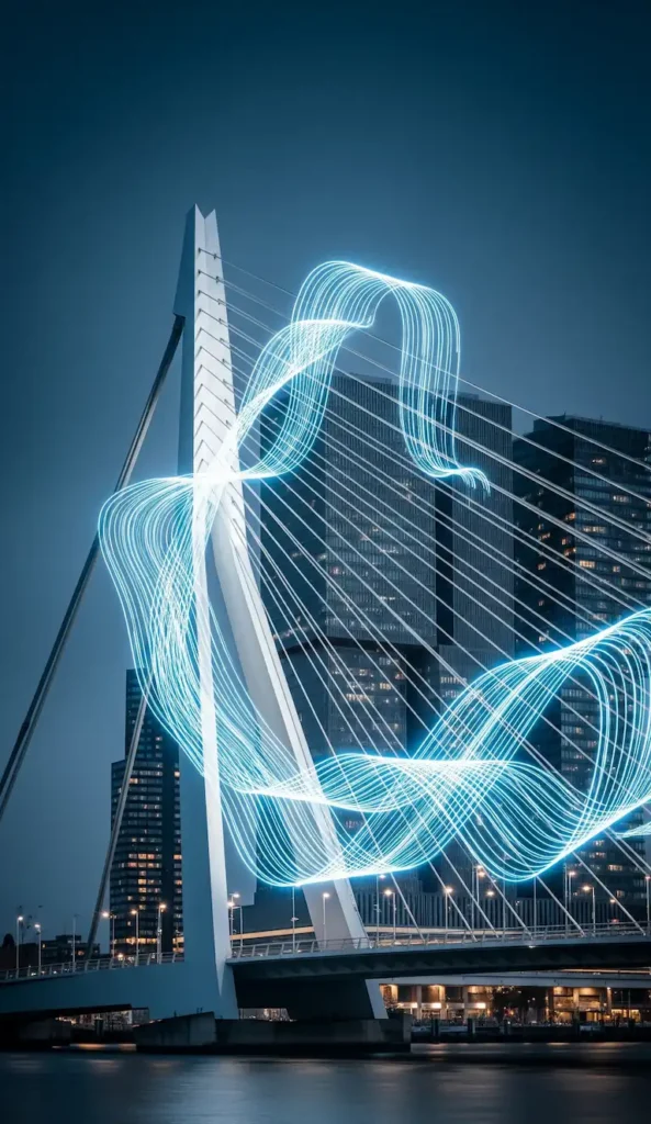 A tall, portrait-oriented image of the Erasmus Bridge in Rotterdam, with abstract, glowing digital streaks of light flowing around the bridge's cables and structure to represent technology.