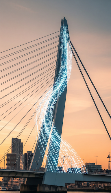 A tall, portrait-oriented photo of the Erasmus Bridge pylon in Rotterdam at dusk, with glowing blue and white digital lines of light wrapping around its cables and structure.