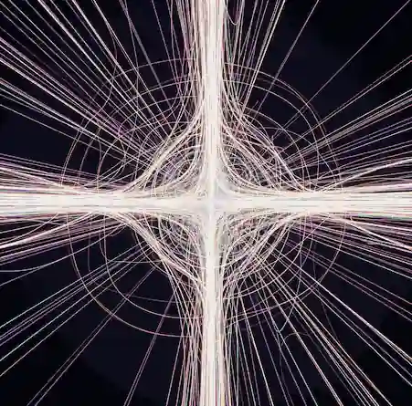 An abstract image showing many separate streams of colored light flowing from the edges of the frame and weaving together into a single, complex, glowing structure in the center.