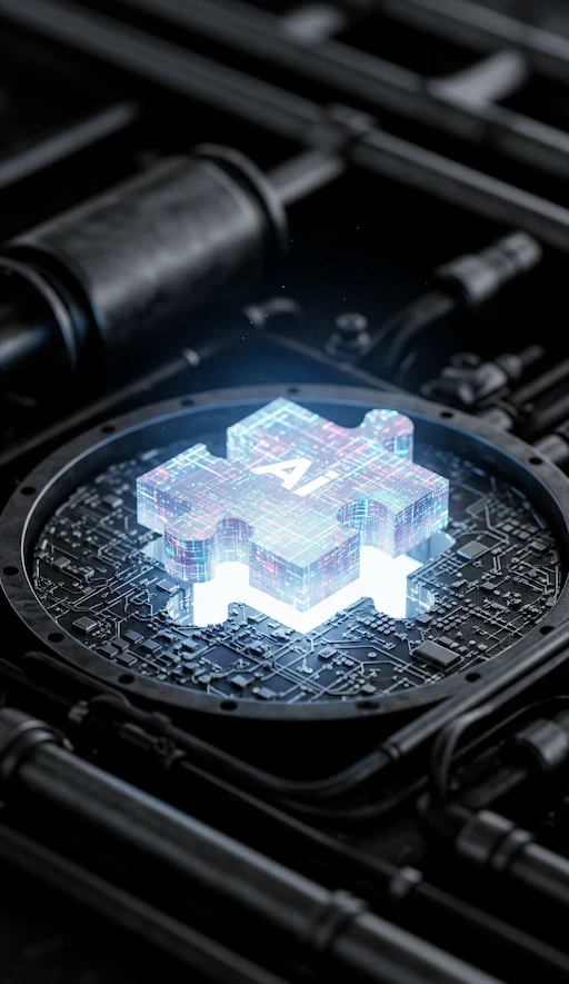 A tall, portrait-oriented image of a single, glowing puzzle piece fitting perfectly into a larger, complex mechanical structure, symbolizing a tailored technology solution.
