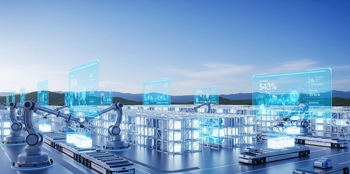  A landscape image of a futuristic, automated warehouse where robotic arms and autonomous vehicles move glowing containers, with holographic data charts displayed in the air.