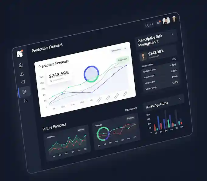 A clean, modern digital dashboard displays various charts and graphs for AI-powered business planning, including a prominent sales forecast and an interactive risk management module.