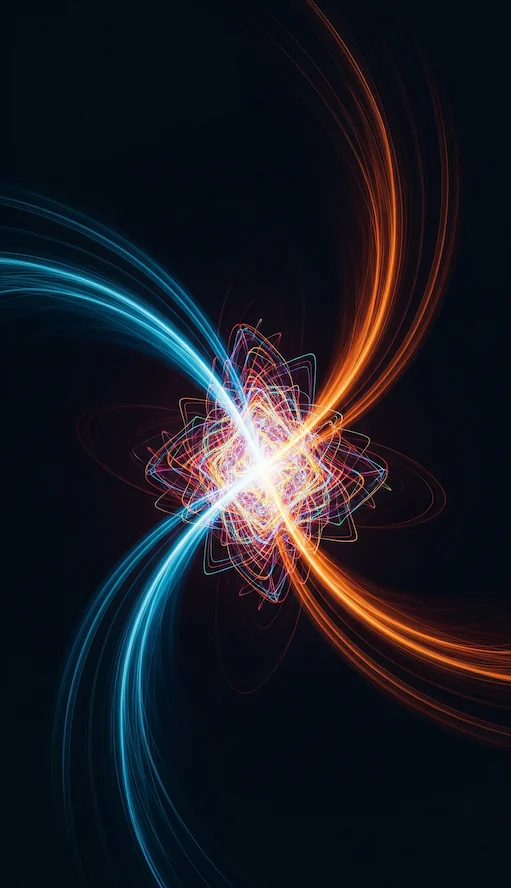 A tall, abstract portrait image with a dark background. Two streams of light enter from the top and bottom, meeting in the center and creating a bright, complex burst of geometric light.
