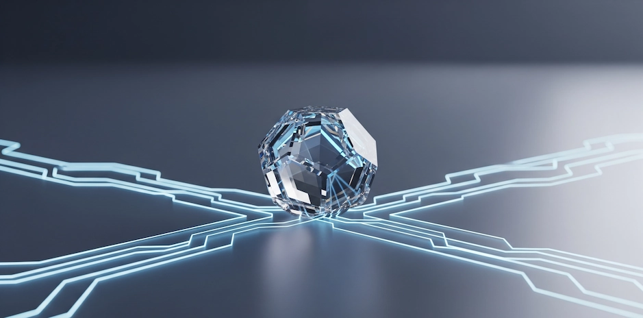 A wide, abstract landscape image where a simple network of light lines converges to build a complex and intricate glowing structure in the center, symbolizing efficiency creating quality.