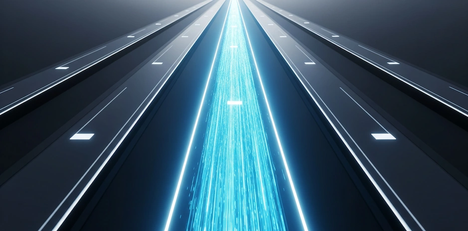 A wide, abstract landscape image showing several parallel lines moving across the frame. One line in the center glows brightly and is positioned ahead of the other, dimmer lines, symbolizing a competitive advantage.