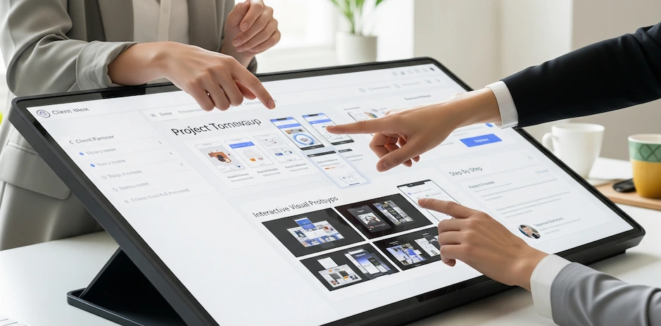 A landscape image showing two pairs of hands working together over a large, glowing digital screen that displays a project roadmap and visual prototypes, symbolizing a collaborative partnership.