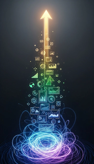 A tall, portrait-oriented abstract image showing a vertical flow. At the bottom are chaotic particles, which transform into organized charts in the middle, and converge into a single glowing arrow at the top, symbolizing the journey from data to a successful decision.