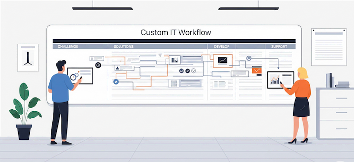 A wide, landscape image of a modern digital workflow board with columns labeled with project stages like 'Challenge' and 'Solutions'. Two stylized figures are shown collaborating in front of the board.